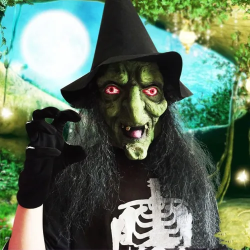 Miniatura 4 de Máscara de bruja vieja de Halloween, color verde aterrador, máscara de bruja espeluznante con sombrero para el pelo, accesorio para cosplay, disfraz