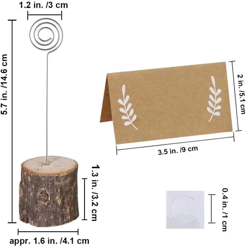 Miniatura 7 de 30 unidades de soportes de madera rústica para tarjetas de lugar con alambre de remolino, soporte de madera con corteza para notas de memo, soporte