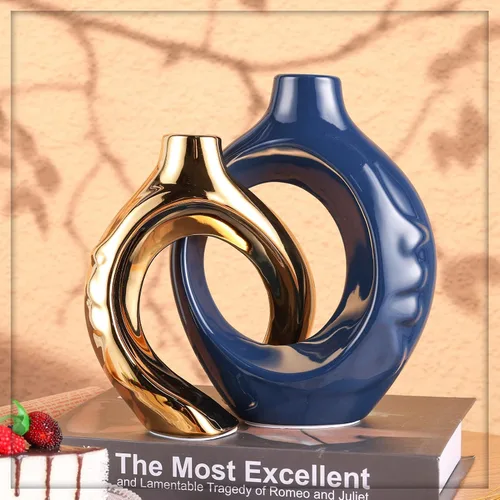 Miniatura 8 de Jarrón de cerámica azul marino para decoración del hogar, jarrón redondo azul marino dorado con agujeros, juego de 2, adecuado para decoración