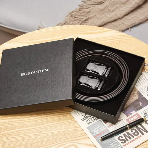 Miniatura 2 de BOSTANTEN Cinturones de vestir de trinquete para hombre, 2 paquetes, cinturones de cuero genuino para hombres con litera deslizante de clic, recorte