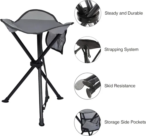 Miniatura 4 de Portal Taburete de trípode plegable alto para acampar al aire libre, caminar, caza, senderismo, pesca, viajes, soporta 225 libras Gris elevado