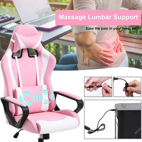 Miniatura 6 de HHS Silla rosa para videojuegos, silla de escritorio para computadora de masaje, sillas de videojuegos, silla ergonómica de carreras con soporte