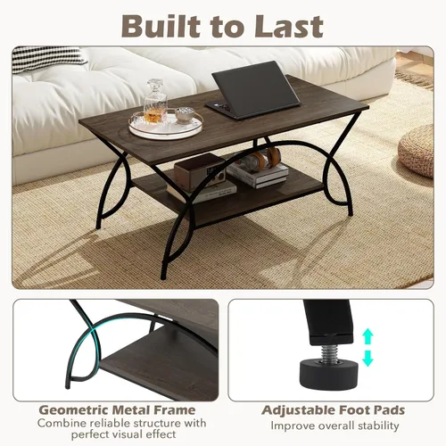 Miniatura 7 de GOFLAME Mesa auxiliar industrial, mesa central rectangular de 2 niveles con estante de almacenamiento, mesa decorativa con marco de metal arqueado