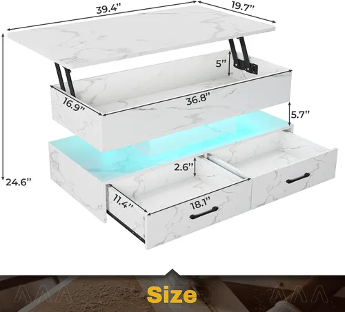 Miniatura 2 de SEDETA Mesa de centro elevable de 40 pulgadas, mesas de centro con almacenamiento para sala de estar, mesa de centro pequeña con 2 cajones y luz LED