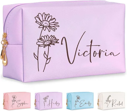 Miniatura 12 de Bolsa de maquillaje personalizada con nombre y flor de nacimiento, bolsas de cosméticos de cuero personalizadas para mujeres, bolsa de aseo de viaje
