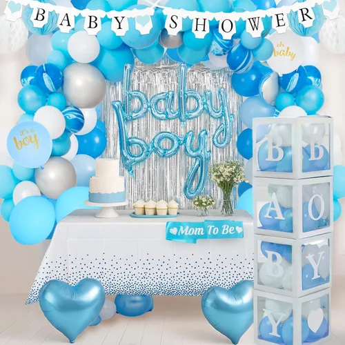 Decoraciones de baby shower para niño, todo en uno, incluye decoración azul para baby shower, juego de 165 piezas, juego de 165 piezas, decoración