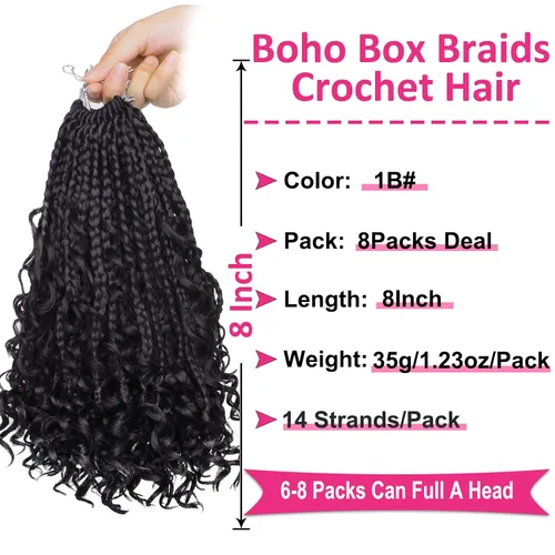 Miniatura 2 de Unionbeauty - 8 paquetes de trenzas bohemias de diosa en caja, de ganchillo de pelo para mujer negra, 8 pulgadas de trenzas de caja bob bohemias