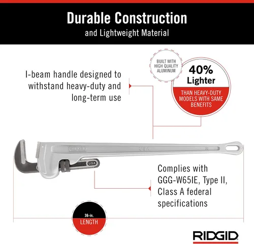 Miniatura 4 de RIDGID 31110 Modelo 836 Llave de tubería de plomería recta de aluminio de 36 pulgadas, plata, fabricada en los Estados Unidos