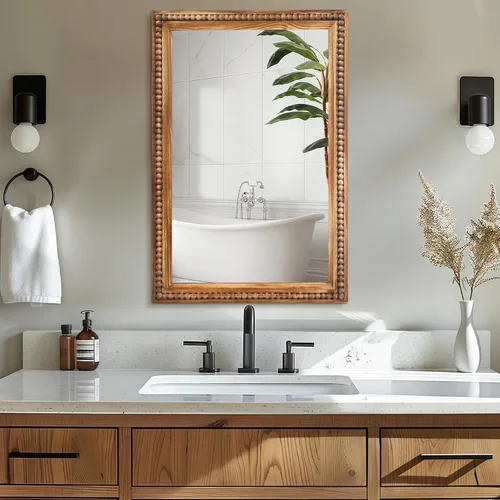 Miniatura 2 de ULIKE Espejo rectangular de madera con marco de cuentas de madera natural, 24 x 36 pulgadas, espejo de pared rústico de granja para baño, guardería