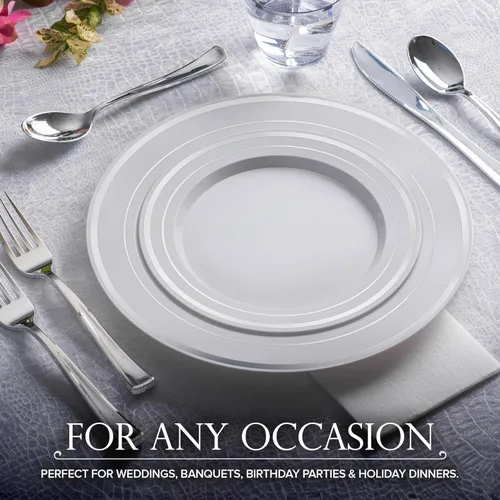 Miniatura 7 de Juego de platos desechables para cena y postre, 200 piezas (10 + 7 pulgadas), elegantes platos de plástico blanco y plateado para fiestas y bodas