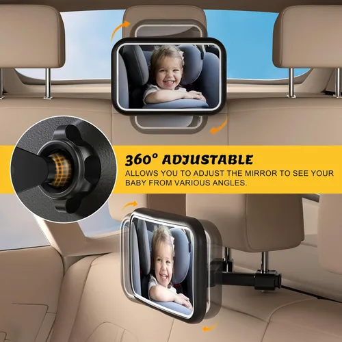 Miniatura 9 de Espejo de coche para bebé con luz, 7 luces RGB orientadas hacia atrás, espejo de asiento de coche de bebé con control remoto recargable de rotación
