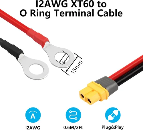 Miniatura 3 de SinLoon XT60 - Cable de terminal de anillo tórico 12AWG 23.6 pulgadas XT60H hembra a junta tórica, cable conector para aviones RC, juguete, autos
