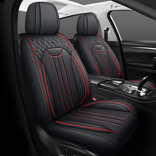 LINGVIDO Funda de asiento de piel sintética (ajuste universal, línea roja negra), funda impermeable para asiento delantero de automóvil, SUV,