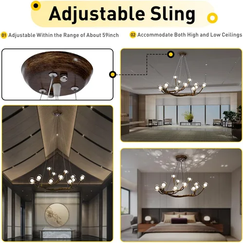 Miniatura 4 de Moderno candelabro Sputnik de burbujas de cristal, 12 luces, ramas de madera de mediados de siglo, lámparas de techo, lámpara de techo industrial