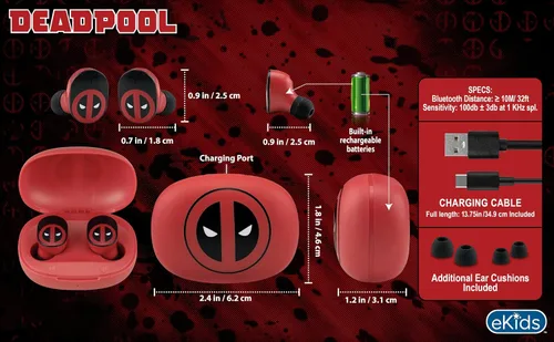 Miniatura 6 de eKids Deadpool - Auriculares inalámbricos con micrófono, auriculares Bluetooth con estuche de carga (Deadpool)