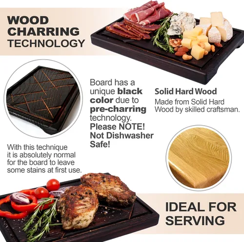 Miniatura 4 de TESLYAR Tabla de madera para carne, tabla de cortar y plato para servir barbacoa, tabla de embutidos de madera maciza y plato para servir carne