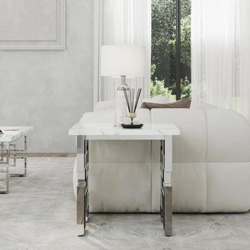 Miniatura 7 de AUZ Mesa auxiliar plateada, moderna mesa auxiliar cuadrada para sala de estar con parte superior de mármol sintético blanco y base geométrica