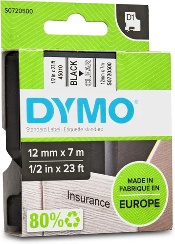 Miniatura 2 de DYMO Cinta de etiquetado estándar D1 45010 (impresión negra sobre cinta transparente, 1/2 pulgadas de ancho x 23 pies de largo, 1 cartucho), DYMO