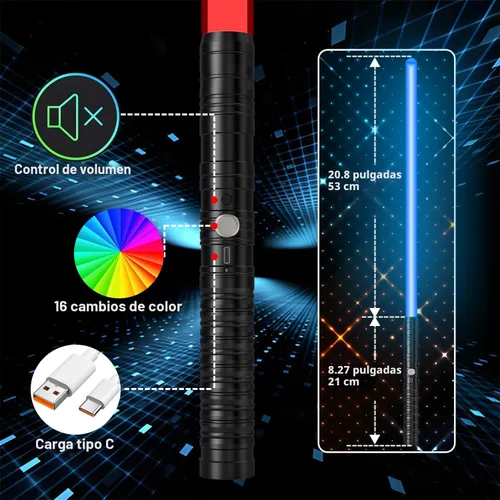 Miniatura 5 de Oueyes Sables de luz con empuñadura de metal para duelo, sables de luz RGB de 16 colores, sonido FX, hoja doble, espada recargable para niños