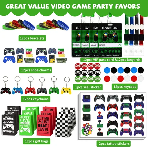 Miniatura 3 de Bluegogo 146 piezas de recuerdos de fiesta de videojuegos: pases VIP, llaveros, calcomanías de tatuaje, colgantes de zapatos, gorras con botones