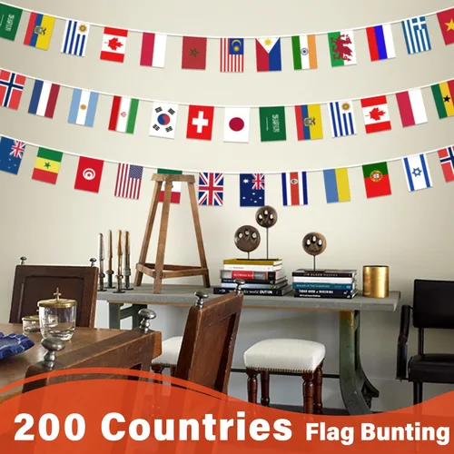 Miniatura 6 de Bandera de cuerda de 200 países, bandera internacional de 184 pies, decoración de bandera mundial para fiesta de la Copa del Mundo, escuela, eventos