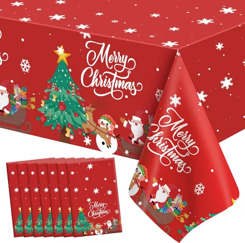 Miniatura 13 de Mantel de Navidad, 2 piezas de mantel desechable de plástico rojo, mantel de 54 x 108 pulgadas para decoraciones de Navidad, mantel de árbol