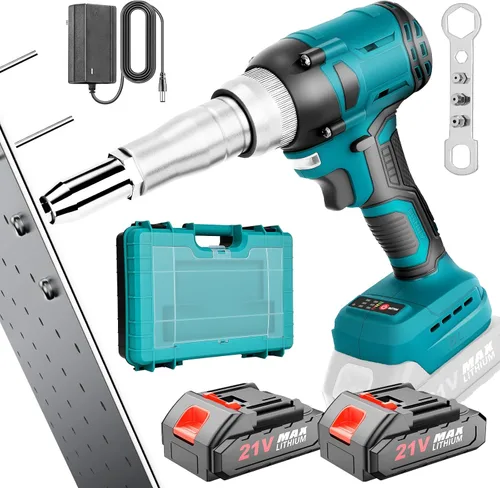 Pistola de Remaches Inalámbrica con Batería de 2×2.0Ah, Herramienta de Pistola de Remaches Eléctrica Automática sin Escobillas Kit de Pistola de
