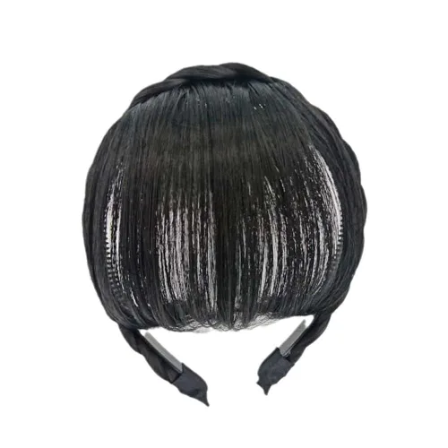 Jowxsx Extensiones de cabello humano 100% negro, con clip, color negro medio, fleco con flequillo, con red agradable, flequillo plano natural y