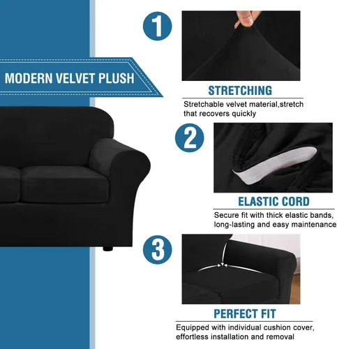 Miniatura 3 de H.VERSAILTEX - Funda elástica para sofá de 3 piezas, de suave terciopelo afelpado, para sofá biplaza con 2 cojines de hasta 72 pulgadas de ancho, se