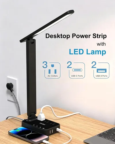 Miniatura 2 de One Beat Pequeña lámpara LED de escritorio, cable de extensión de 5 pies con 3 tomas, 4 puertos USB (2 USB C), 4 modos, lámpara táctil de 5 niveles
