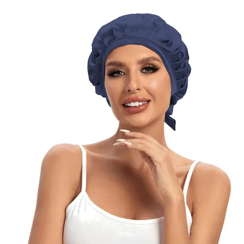 Miniatura 8 de Cocheng Gorro de seda 100% morera de doble cara con cinta ajustable, gorro de seda de 19 momme para dormir (rosa frijol)