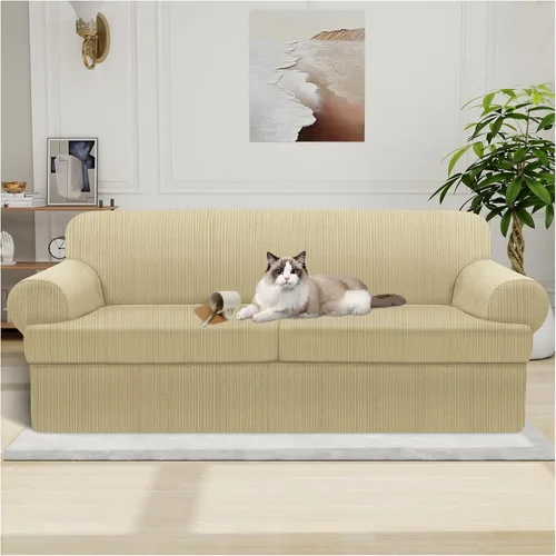 Miniatura 21 de Funda impermeable para silla con brazos, juego de 2 piezas, funda a rayas para 1 sofá separado con cojín en T, fundas de sillón de tela