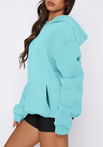 Miniatura 11 de onlypuff Sudadera casual con capucha para mujer, de manga larga, con bolsillo de canguro, hombro caído