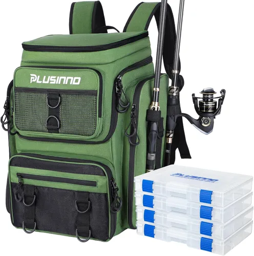 Miniatura 12 de PLUSINNO Mochila de aparejos de pesca con soportes para cañas, 42L resistente al agua bolsa de pesca tienda equipo de pesca, regalos de pescador
