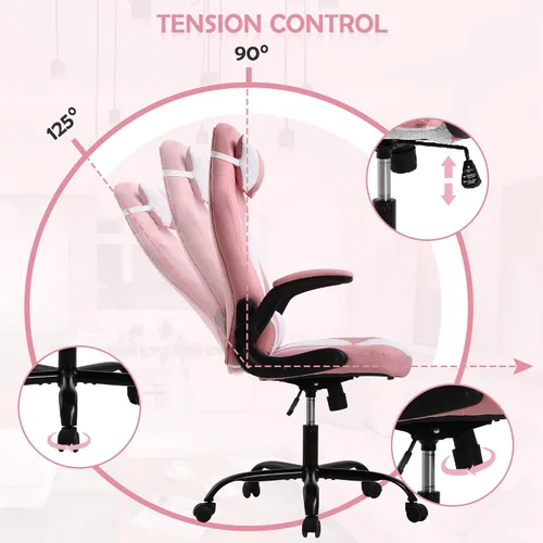 Miniatura 4 de Silla de juegos con reposacabezas y soporte lumbar, grande y alta, altura ajustable, silla ergonómica para juegos de PC en piel sintética Rosa