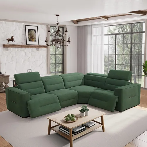 Miniatura 11 de Sofá Seccional Reclinable Eléctrico, Juego de Muebles de Sala en Forma de L, Sofá de Cuero Marrón Claro, Sofá Seccional Reclinable con Consola