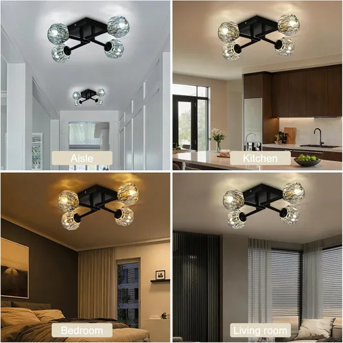 Miniatura 2 de Sputnik - Lámpara de techo semiempotrada de cristal negro de 4 luces, lámpara industrial para cocina, dormitorio, sala de estar, pasillo, bombilla