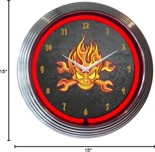 Miniatura 2 de Neonetics Mechanic Fire Skull and Wrenches - Reloj de pared de neón, 15 pulgadas