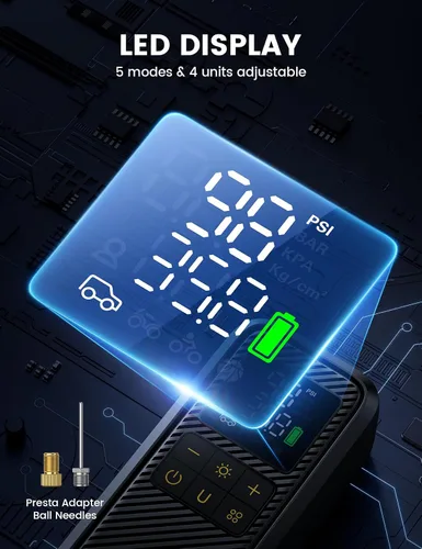 Miniatura 5 de Lamicall Compresor inalámbrico para inflador de neumáticos, batería de alta capacidad de 6000 mAh, bomba de aire eléctrica de 145 PSI con manómetro