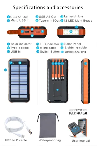 Miniatura 8 de Banco de Energía Cargador Solar 49800mAh, Carga Inalámbrica Portátil para Teléfono con 4 Cables Incorporados Carga Rápida 22.5W, Puerto