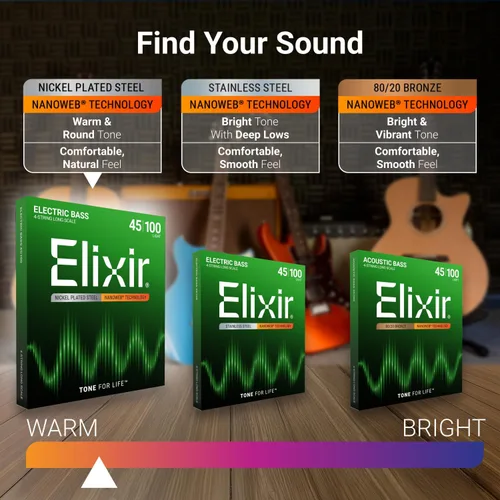 Miniatura 4 de Elixir - cuerdas chapadas en níquel, 4 cuerdas para bajo con recubrimiento nanoweb, muy livianas, escala larga (.040-.095)