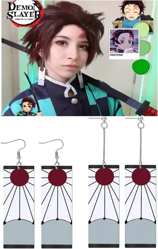 Miniatura 2 de Tanjiro - Pendientes de anime Demon Slayer Tanjiro Cosplay aretes de clip Kimetsu No Yaiba Hanafuda Halloween para hombres y mujeres