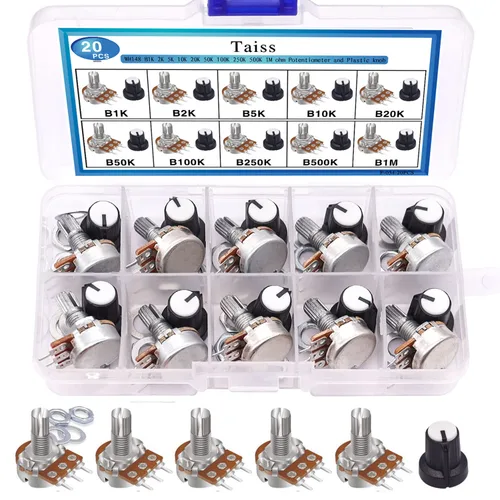 Taiss Kit de potenciómetro de 40 piezas con perillas giratorias, WH148 B1K 2K 5K 10K 20K 50K 100K 250K 500K 1M Ohm Potenciómetros Surtido de