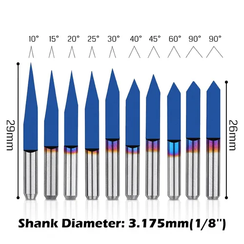 Miniatura 3 de Genmitsu 10 piezas de brocas de enrutador CNC con ranura en V de 1/8" de vástago, juego de 10/15/20/25/30/40/45/60/90 grados, broca cónica V Nano