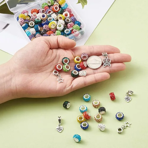 Miniatura 6 de Craftdady 150 cuentas europeas de arcilla polimérica con agujeros grandes, cuentas espaciadoras de diamantes de imitación, 15 colores con 6