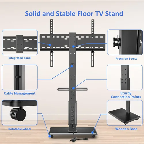 Miniatura 8 de Soporte de TV móvil con ruedas y toma de corriente, carrito de TV para televisores de 32 a 75 pulgadas hasta 110 libras, 18 alturas ajustables, Max