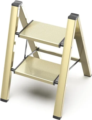 Escalera plegable de 2 peldaños con acabado dorado champán, trípode antideslizante, máximo 330 libras