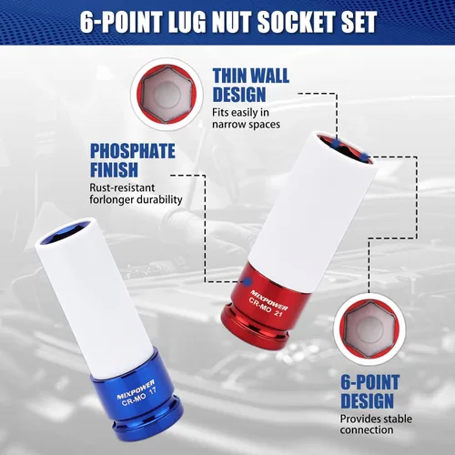 Miniatura 3 de MIXPOWER Protector de rueda de transmisión de 1/2 pulgada, juego de 4 piezas de enchufe de impacto profundo de pared delgada, enchufe de tuerca