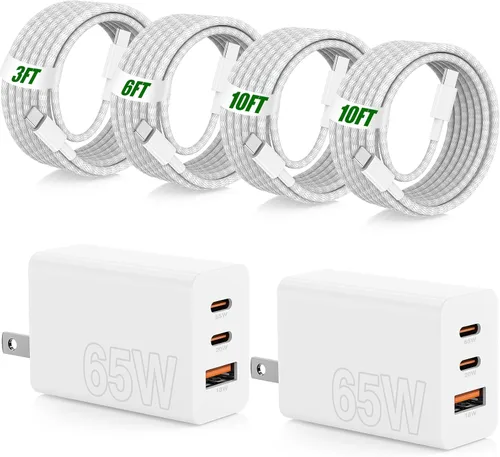 Miniatura 16 de USB C de carga súper rápida de 65 W para iPhone 17 16 Pro Max, bloque de carga USB C de 3 puertos de 100 W PD y cable trenzado tipo C de 3/6/6/10