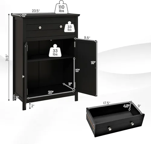 Miniatura 3 de COSTWAY Armario de suelo de baño, organizador de almacenamiento lateral de madera con cajón más grande, estante ajustable y armario de 2 puertas